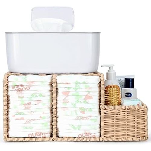 Diaper Caddy Organizer, Hand Rattan Nursery Storage Basket for Baby Essentials, Baby Changing Table Organizer Perfect Nursery Assistant (Solid Rattan, M)