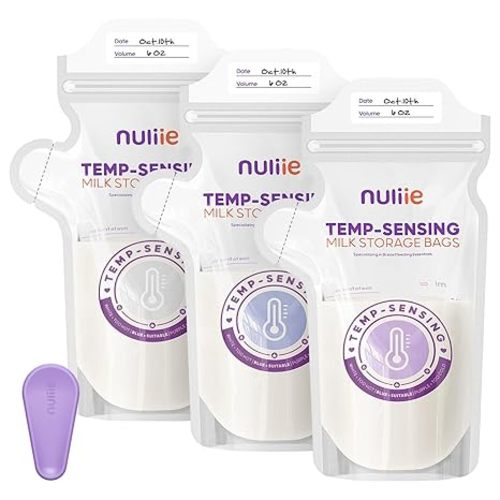 Nuliie 130pcs Temp-Sensing Breastmilk Storage Bag, Huge Temp-Sensing Icon & Locking Clamp, 6oz Breast Milk Storage Bags Freezer Pour Spout, Self Standing Milk Storage Bags Breastmilk, BPA-Free No-Leak
