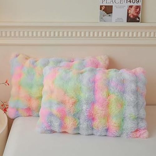 2 Pieces Fluffy Faux Rabbit Fur Pillow Cases, Luxury Soft Plush Shaggy Bubble Pillowcases Standard Size with Zipper, Furry Fuzzy Long Pillow Shams for Adult Girls Kids Teens 20x26, Rainbow
