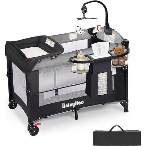 4 in 1 Height Adjustable Baby Playard, Foldable Nursery Center with Music Box Toy Rack, Side Storage, Changing Table, Large Portable Playpen for Newborns and Toddlers(Gray)