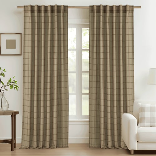 NICETOWN Plaid Curtains for Living Room 84 inch Length, Check Semi Sheer Linen Curtains Back Tab Rod Pocket Light Filtering Rustic Farmhouse Style Drapes for Bedroom, Linen, 2 Panels