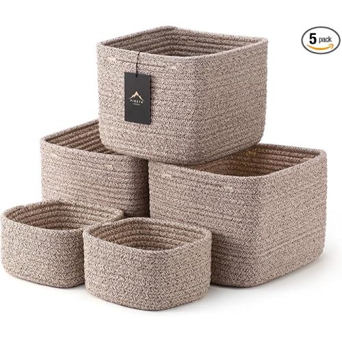 5-Pack Storage Cubes Woven Rope Baskets - 2 Sizes Organizer Bins for Closet, Shelf, Bookshelf, Nursery, Changing Table, Cube Storage Bins, Storage Baskets for Bathroom Toy & Home