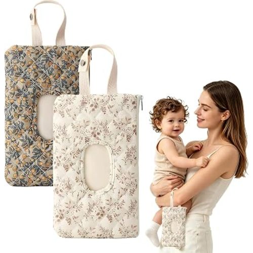 2 Pcs Quilted Diaper and Wipes Pouch Portable Hanging Floral Wet Wipe Bag Reusable Travel Wipe Holder for Stroller Car Diaper Bag Organizer