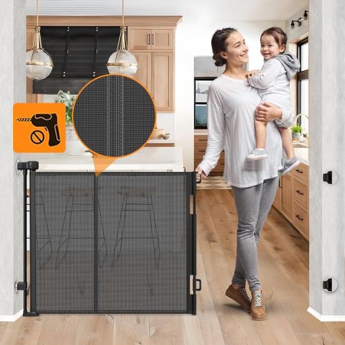 Reinforced No Drill Retractable Pet Gates for Doorways No Drilling Retractable Dog Gate with Support Rods to Prevent Crawling Underneath, 55” Wide Retractable Baby Gate No Drill Retractable Mesh Gates
