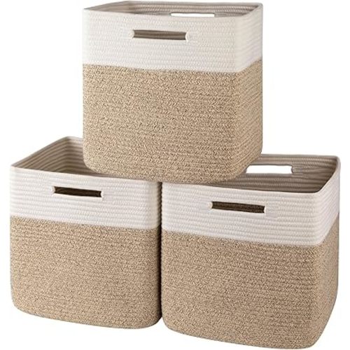 OIAHOMY 3-Pack Kallax Storage Cubes, Cotton Rope Woven Baskets for Organizing, 13 Inch Cube Storage Bins for Shelves, Baby Nursery, Closet Organizer