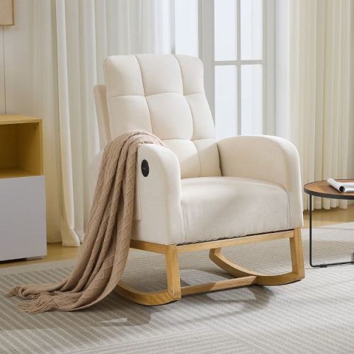 Nursery Rocking Chair - Linen/Teddy Upholstered Glider Rocker with Side Pocket, Footrest, High Back Nursing Chair, Modern Accent Armchair