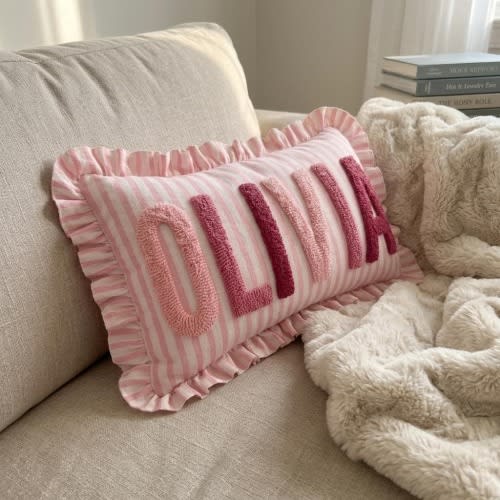 Personalized Striped Ruffled Punch Needle Pillow, Custom Name Nursery Decor, Embroidered Baby Gift