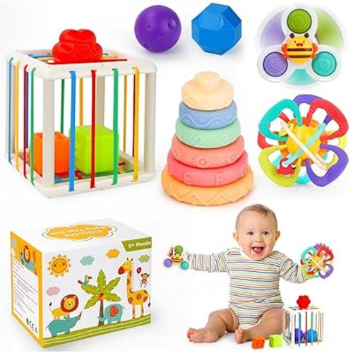 Baby Toys 6-12 Months,Montessori Toys for Babies 6-12 Months, Infant Teething Toys,Stacking Rings,Color Shape Sensory,Suction Cup Spinner Toys for 6-9-12 to 18 M+ Birthday Gifts