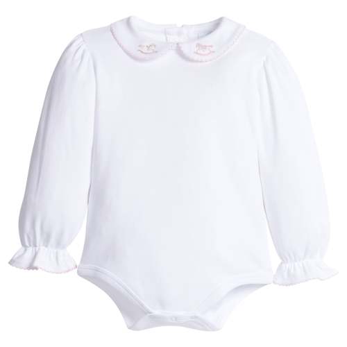 Long Sleeve Pinpoint Onesie - Pink Rocking Horse