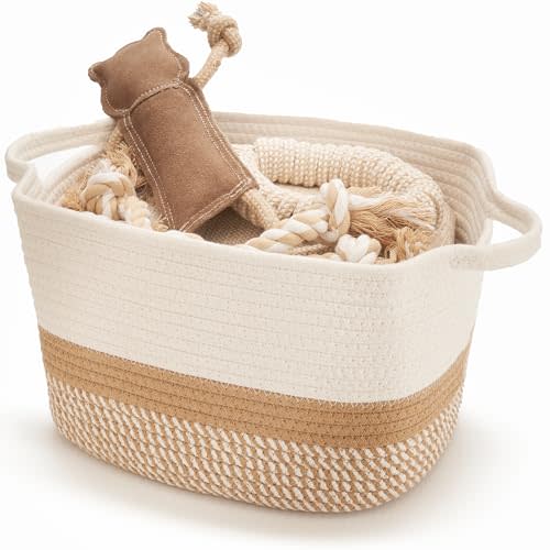 Stylish Cotton Rope Storage Basket For Dog Toys, Magazines or Books - The Perfect Woven Bin with Handles For Everyday Organization Reduces Clutter in Your Rooms - A Decorative Gift & Storage Box