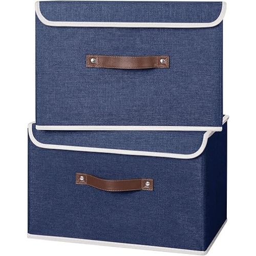 ANMINY 2PCS Storage Bins with Lid PU Leather Handles Storage Boxes PP Plastic Board Decorative Foldable Lidded Cotton Linen Fabric Home Cubes Baskets Closet Organizer Containers - Blue, Large Size
