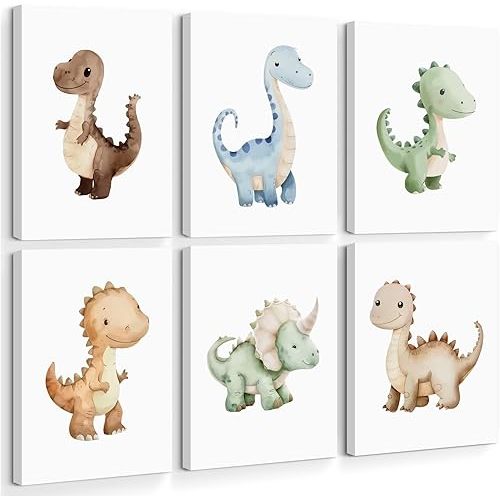 Dinosaur Nursery Wall Art Kids Canvas Poster Baby Boy Nursery Wall Decor Watercolor Dino Prints Toddler Pictures Cute Dinosaur Themed Artwork Painting for Boys Room Bedroom 8x10x6 Inch Ready to Hang