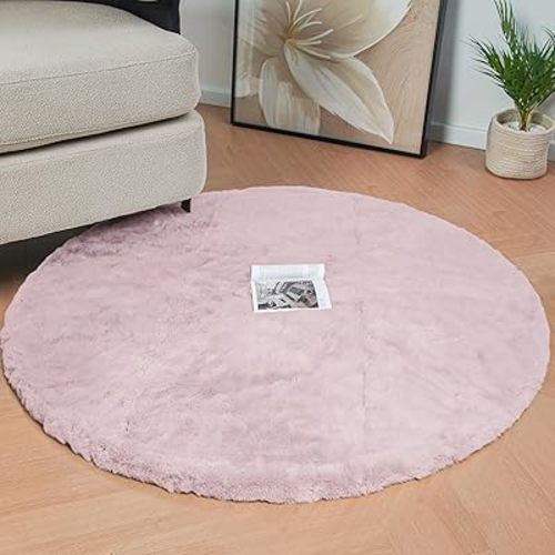 Pink Boho Faux Rabbit Fluffy Fur Rugs for Bedroom Shag Circle Washable Area Rugs for Living Room Nursery Round Rug 4ft