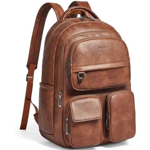 LATMAP Vegan Leather Backpack Purse for Women Men 17 Inch Laptop Backpack for Travel Multipurpose Design Ladies Work College Handbag Shoulder Bag - Brown