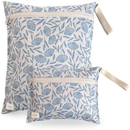 mushie Water Resistant Wet Bags | Large & Small Reusable Storage Bag for Baby Items and Travel | Zippered Pockets with Handle | Machine Washable, Set of 2 (Blue Flowers)