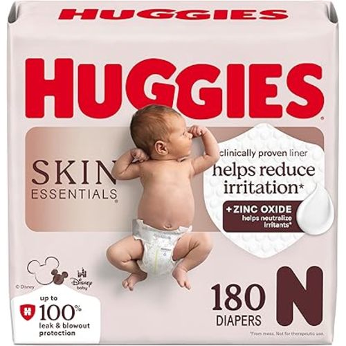 Huggies Size Newborn Diapers, Skin Essentials Baby Diapers, Size Newborn (6-9 lbs), 180 Count (3 Packs of 60), Packaging May Vary
