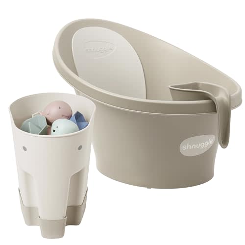 Shnuggle Baby Bathtime Essentials Bundle | Newborn Bath with Support, Rinse Jug, and Ellie Toy Scoop | Practical, Eco-Friendly, and Stylish Accessories for Babies & Toddlers | Taupe