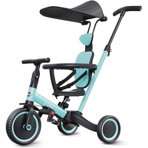 newyoo Tricycle for Toddlers 1-3, Toddler Bike, Birthday Gift and Toys for Girl and Boy, Push Trike with Handle and Canopy, 6 in 1 Baby Trike, Balance Bike, TR009, Blue