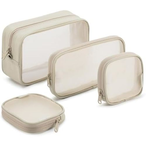 NOL Natural Organic Lifestyle Makeup Bag 4 PCS Set, Mesh Cosmetic Bag with Smooth Zipper, Clear Travel Toiletry Bag, Portable Makeup Organizer Pouch, Khaki See Through Case for Skincare Brushes