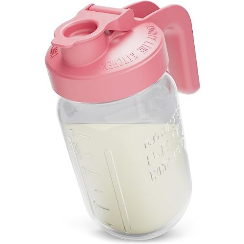 County Line Kitchen Glass Breast Milk Pitcher with Lid - Wide Mouth, 1 Quart (32 oz) - Heavy Duty, Leak Proof - Sun & Iced Tea Pitcher, Cold Brew Coffee, Breast Milk Storage, Water - Pink