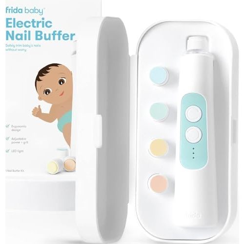 Frida Baby Electric Nail Buffer, Safe Baby Nail File & Trimmer Kit, White | For Newborn & Toddler Fingernails and Toenails, 4 Buffer Pads, LED Light, Storage Case, White