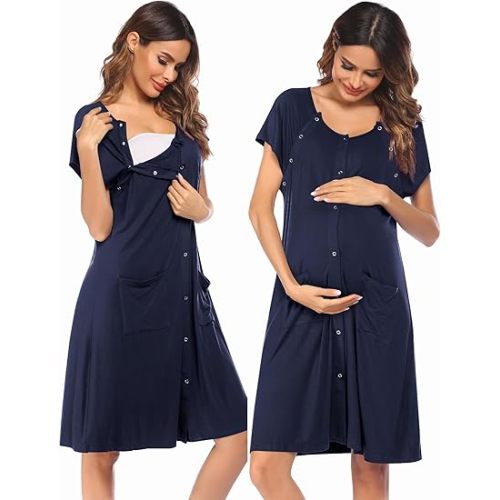 Ekouaer 3 in 1 Labor/Delivery/Hospital Gown Nursing Dress Maternity Nightgown Sleepwear for Breastfeeding with Button S-XXL