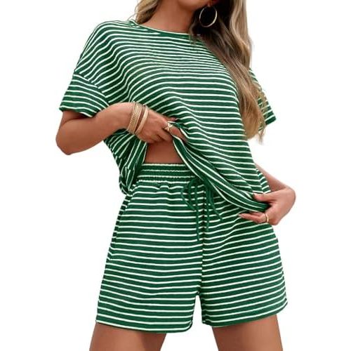 Tankaneo Womens Pajama Sets Striped 2 Piece Lounge Sets Short Sleeve Oversized T Shirts Drawstring Shorts Matching Set