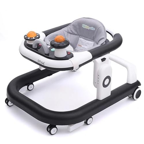5-in-1 Baby Walker with Wheels Foldable Height-Adjustable Walker for Baby Boy 6-12 Months with Feeding Tray Multi-Functional Activity Center Battery-Free Function (Grey)