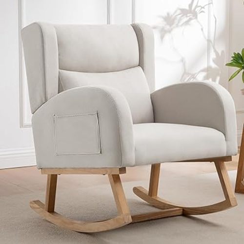 Nursery Rocking Chair,Linen Upholstered Rocker Chair,Wingback Nursing Rocking Chair with High Back for Nursing Adults Living Room, Bedroom(Linen Beige)