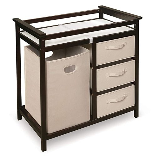 Badger Basket Modern Baby Changing Table for Nursery - Diaper Changing Station with Laundry Hamper, 3 Storage Drawers, Changing Pad, and Safety Belt - Espresso and Ecru