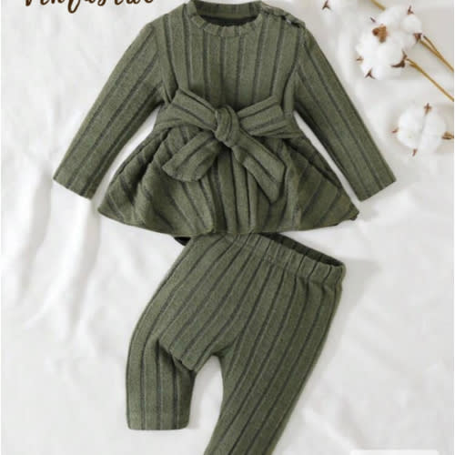SHEIN Vintaside Kids Girls Casual Everyday Elegant Simple Comfortable Long Sleeve Ruffle Top And Pants With Belt 2pcs Set Winter Two Pieces Setgreen Baby Girls Sets | SHEIN USA