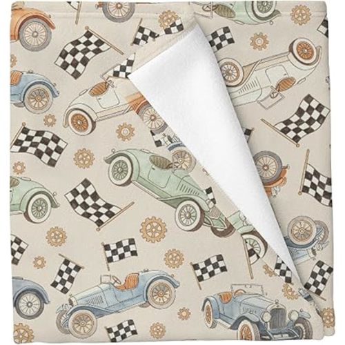 Vintage Racing Car Baby Blankets for Boys Girls Retro Racecar Flags Crib Blanket for Infant Toddler Newborn Racing Vehicles Soft Lightweight Nursery Swaddling Wrap 30x40in