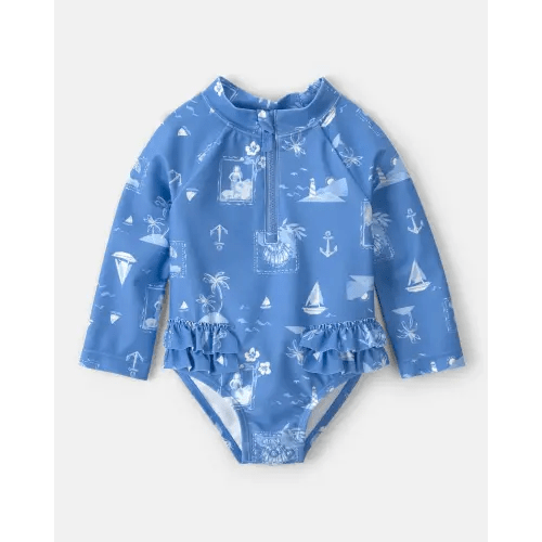 Baby Girl Sailboat Long-Sleeve 1-Piece Rashguard Swimsuit - Blue | Carter's