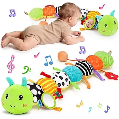 Baby Sensory Toy 0-6 Month Music Animal Stuffed Plush Caterpillar Toy for Infant 0-3-6-12 Month Old Tummy Time with Mirror Crinkle Rattle Toys for Newborn Boys Girl Shower Gifts Easter Basket Stuffer