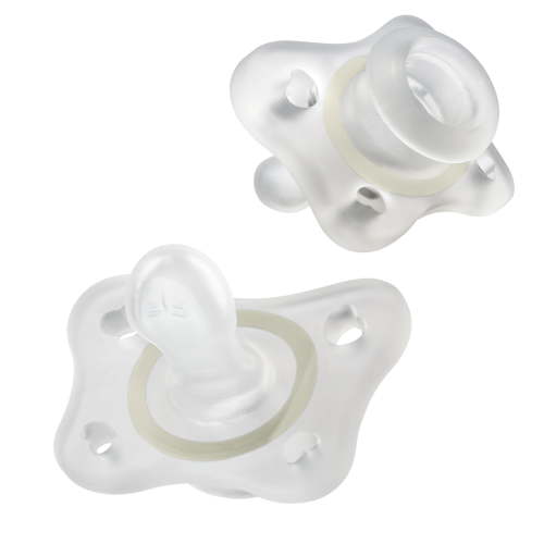 Chicco PhysioForma® 100% Soft Silicone Mini Glow-in-the-Dark One-Piece Pacifier, Orthodontic Nipple Supports Breathing, BPA & Latex Free, Reusable Sterilizing Case, 2-6 Months, 2pk - Clear, New