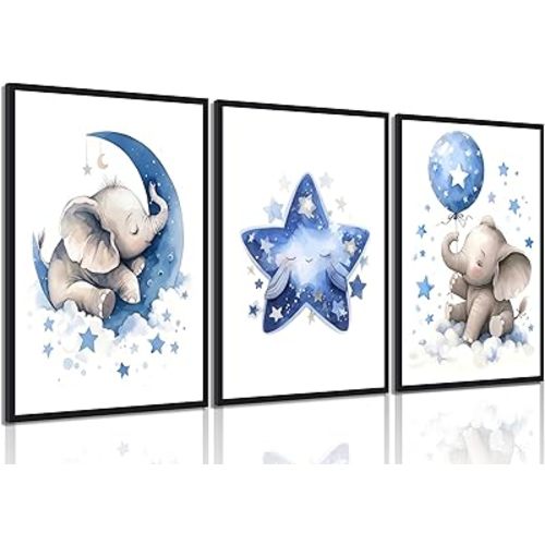 3Pcs Blue Nursery Elephant Canvas Wall Art Baby Boy Wall Decor Cute Animal Painting Pictures Moon And Stars Balloon Poster Prints for Nursery Classroom Kids Room Bedroom Home Decoration 12X16unframed