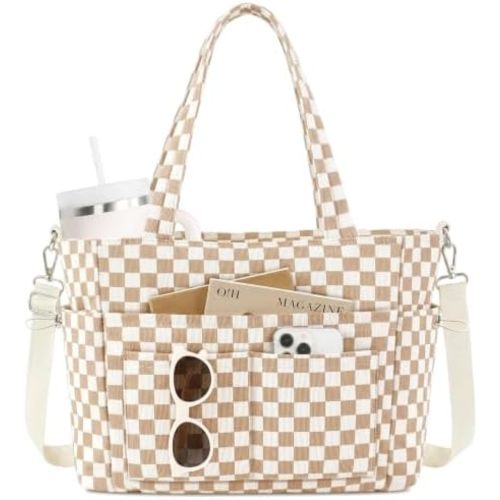Prite Corduroy Tote Bag for Women, 21L Work Tote with 15.6" Laptop Sleeve, 12 Pockets & Cup Holder for Travel