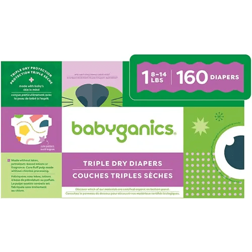 Babyganics Size 1, 160 count, Absorbent, Breathable, Triple Dry Protection Diapers