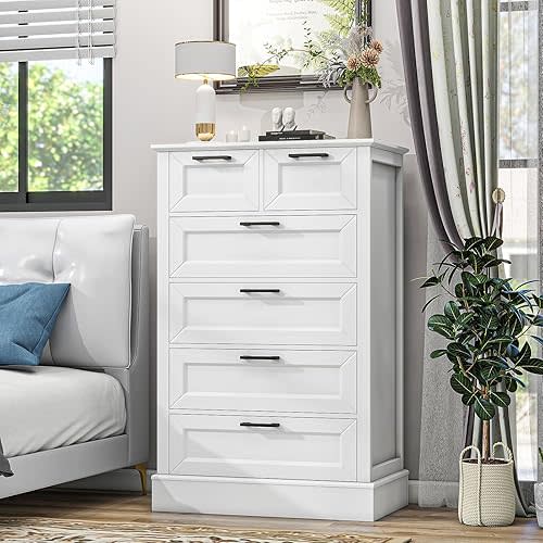 ZLWJGY Odeekea White Dresser with 6 Drawers, Vertical Tall Dresser for Bedroom, Chest of Drawers for Nursery, Wood Closet Drawers for Hallway, Living Room, Entryway, 47” Tall Modern Farmhouse Style
