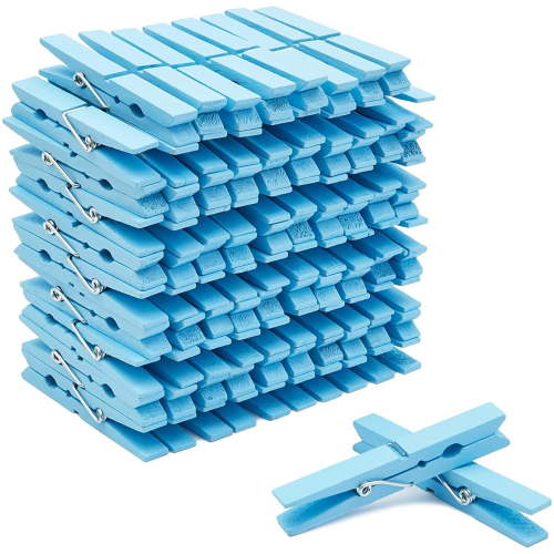 Juvale Wooden Clothes Pins - Strong Spring Grip for Laundry Clips - Colorful Clothespins for Crafts - Photo Display Clips - Pack of 100, Light Blue, 3.9"
