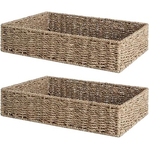 StorageWorks Large Seagrass Tray for Bathroom, Seagrass Storage Baskets for Shelves, Handwoven Natural Wicker Baskets for Organizing, 2-Pack