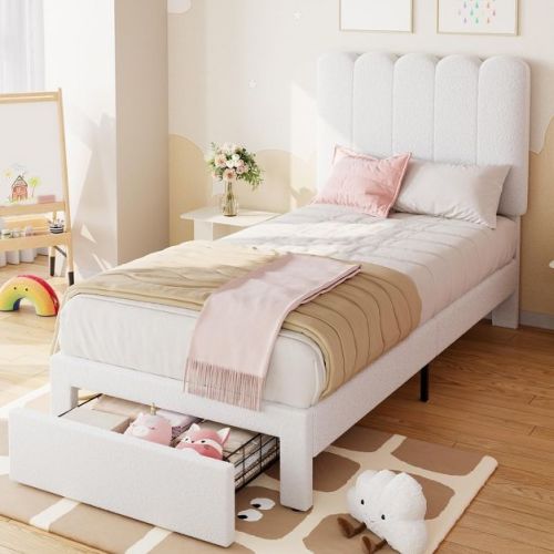 Twin Bed Frame with Storage Drawer and Headboard, Boucle Upholstered Twin Platform Bed Frame for Girls, Strong Wooden Slats Support,Beige