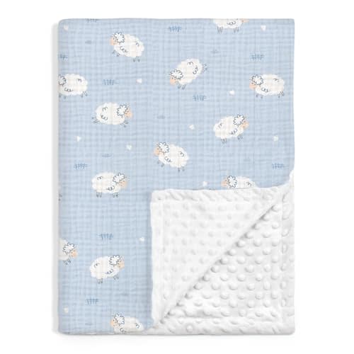 SANDJEST Little Sheep Minky Muslin & Dotted Blanket 30x40 in Gift for Holiday, Gender Reveal Party, Hospital Visit, Baptism