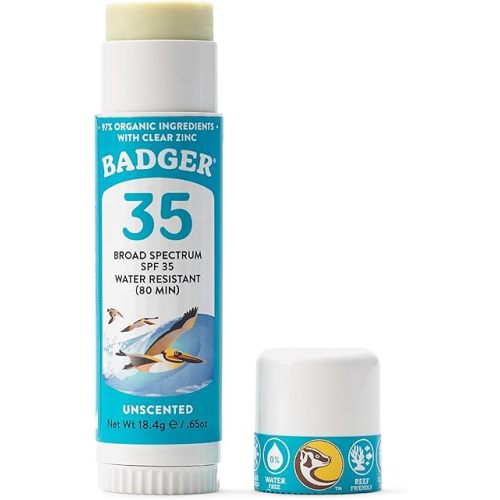 Badger Mineral Sunscreen Face Stick SPF 35, 97% Organic Unscented Zinc Oxide Travel Sunscreen, Coral Reef Safe Travel Size Stick, .65 oz