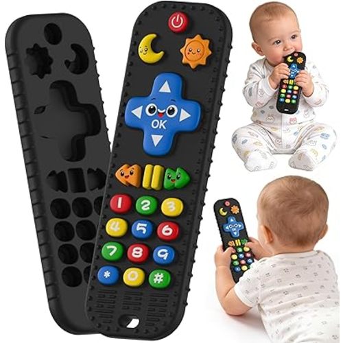 Baby Teething Toys Silicone Baby Remote Teether Over 3 Months - Baby Essentials Sensory Chew Toys - Baby Teether for Teething Relief - BPA Free Infant Toys Baby Shower Gifts (1, Black)