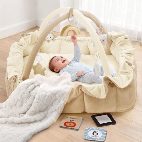 Little Dove 5-in-1 Plush Baby Play Gym, Tummy Time Mat with Blanket and 6 Sensory Toys, Baby Play Mats, Convertible Baby Gym for Sensory Development from Newborn to Toddler, Cream