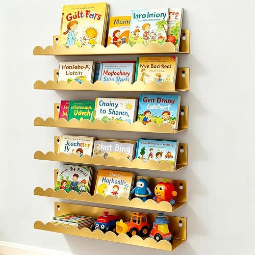 FESTLOVE 6 Pack Floating Shelves for Wall, 16 Inch Gold Book Shelves Wall Mounted Metal Floating Shelf for Kids Room, Bedroom, Bathroom, Playroom Decor