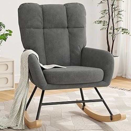 Nursery Rocking Chair, Teddy Baby Modern Nursing Chair for Breastfeeding, Nursery Rocker for Small Spaces Indoor, Accent Glider Chairs for Living Room, Bedroom, Dark Grey
