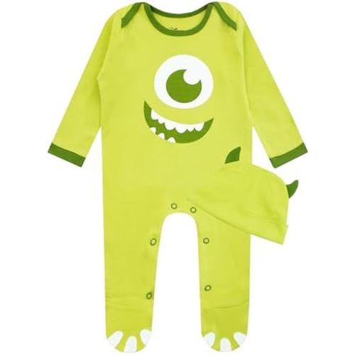 Disney Monsters Inc Baby Onesie With Hat| Mike Wazowski Halloween Costume | Monsters Inc Baby Footed Pajamas and Hat