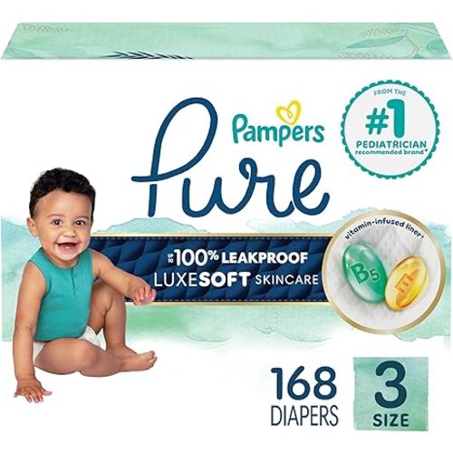 Pampers Pure Baby Diapers, Size 3 (16-28 lbs), 168, Up to 100% Leakproof, Premium Hypoallergenic Soft Diapers